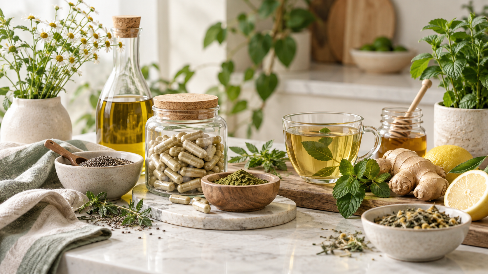 Wellness products with natural ingredients representing health education and informed lifestyle choices